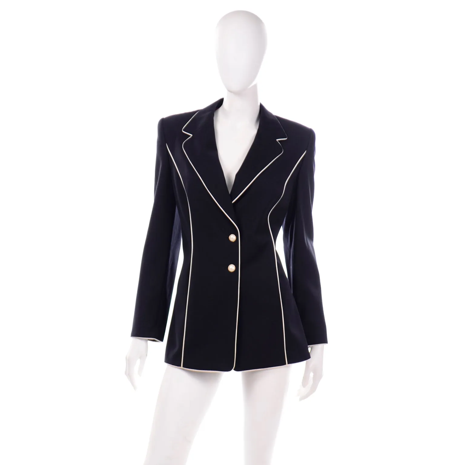 1990s Escada Midnight Navy Blue & White Blazer Jacket