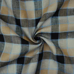 Beige-Black-Blue Check Linen Woven Fabric