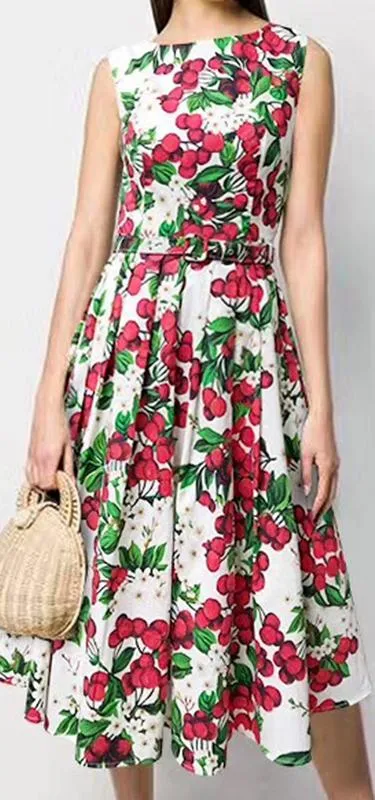 Belted Cherry and Floral Printed Midi Dress