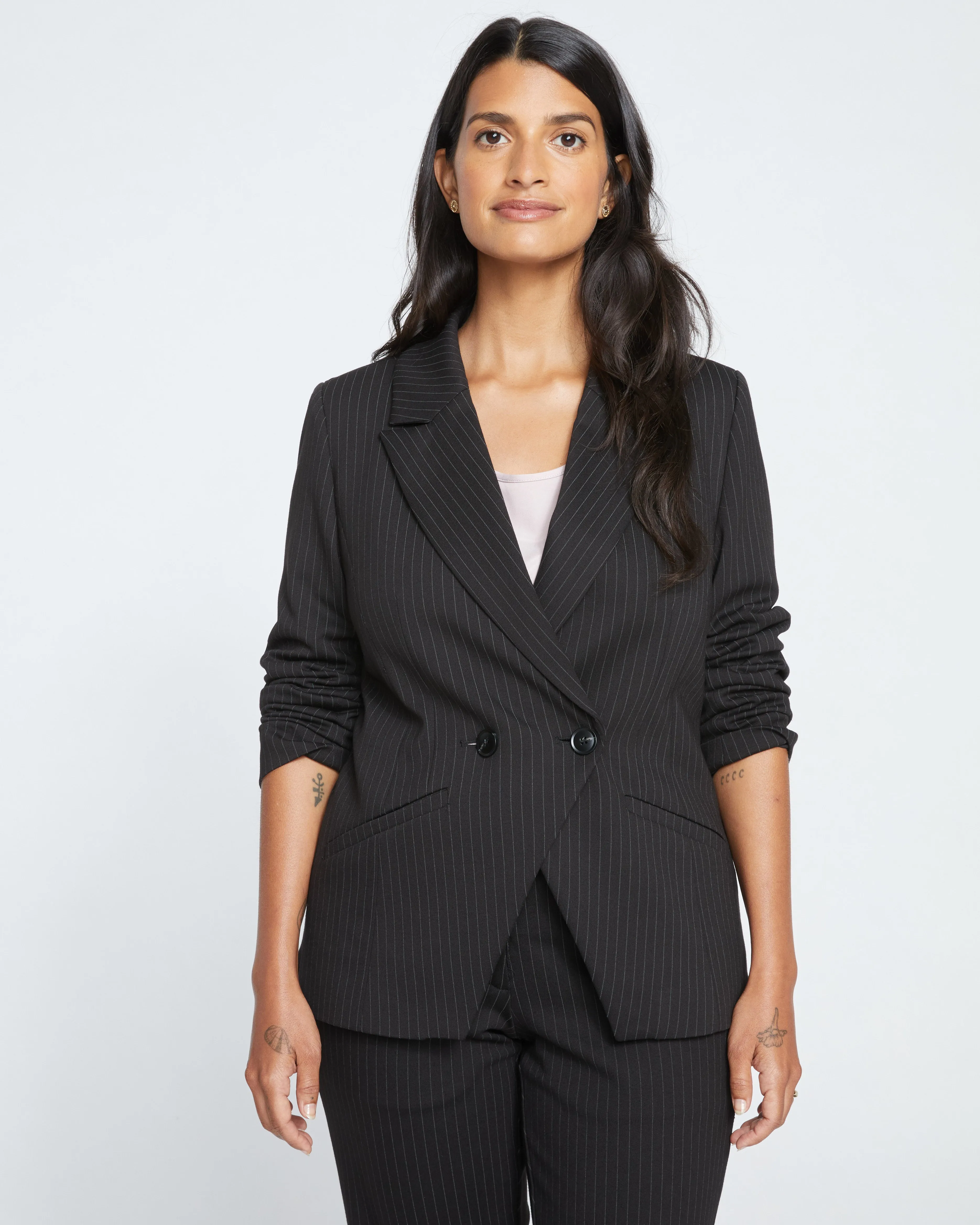 Bianca Double Breasted Ponte Blazer - Slate Pinstripe