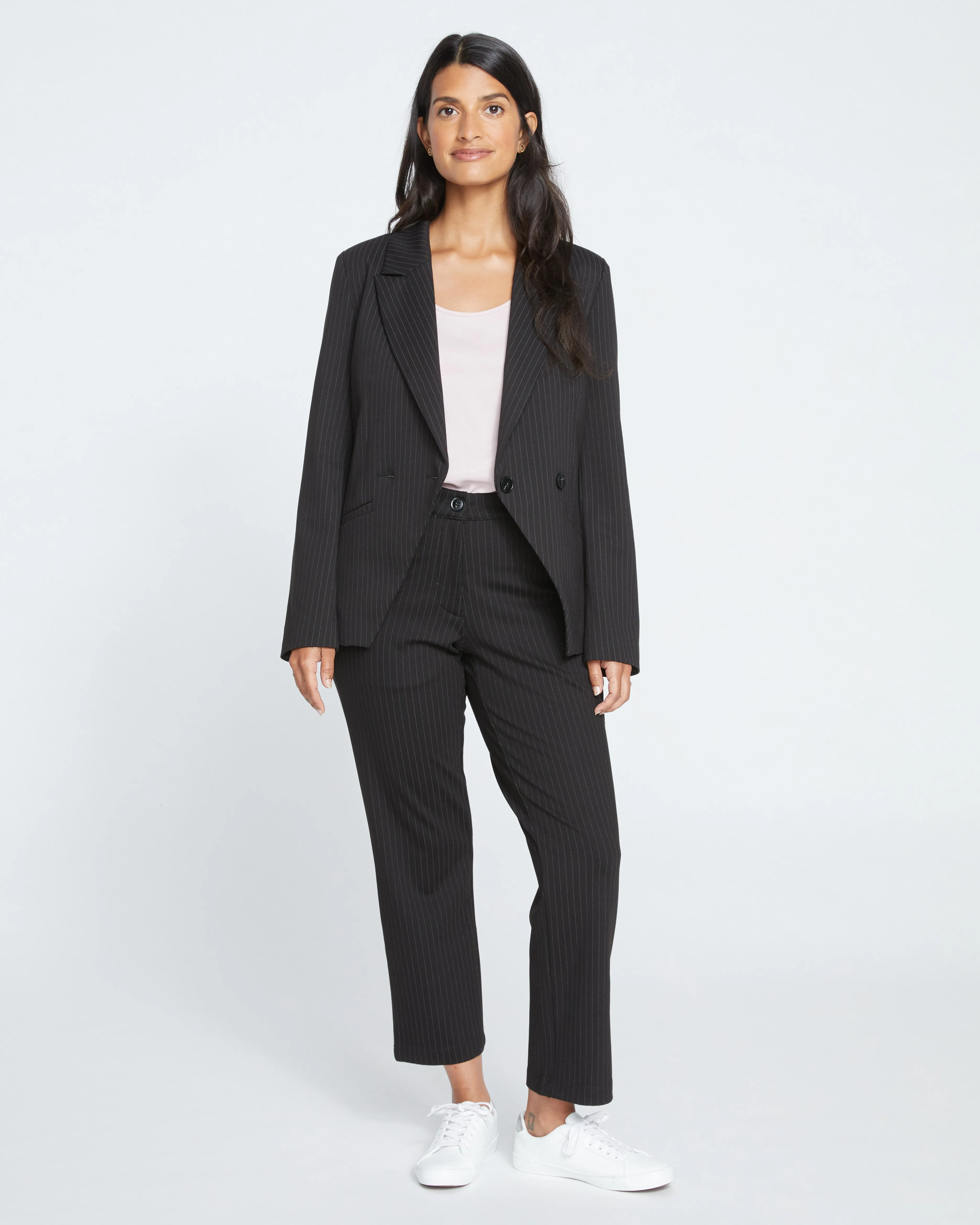 Bianca Double Breasted Ponte Blazer - Slate Pinstripe