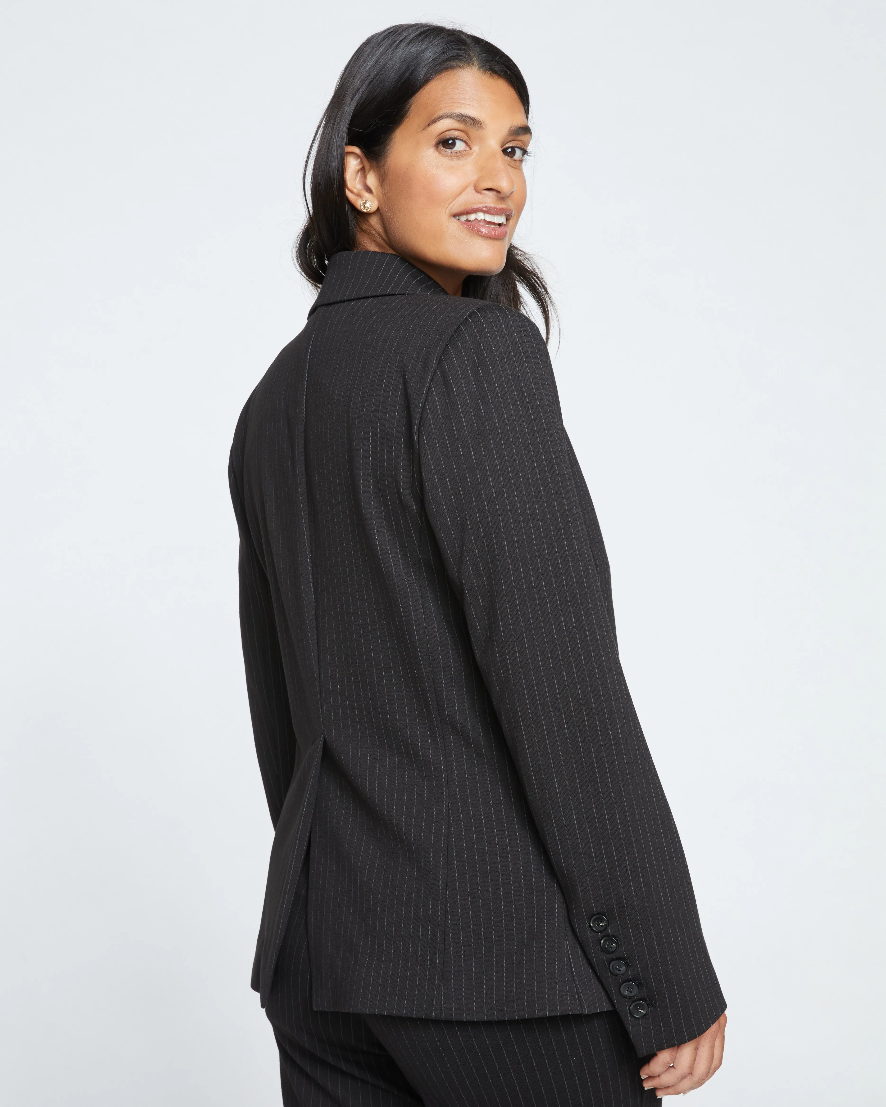 Bianca Double Breasted Ponte Blazer - Slate Pinstripe