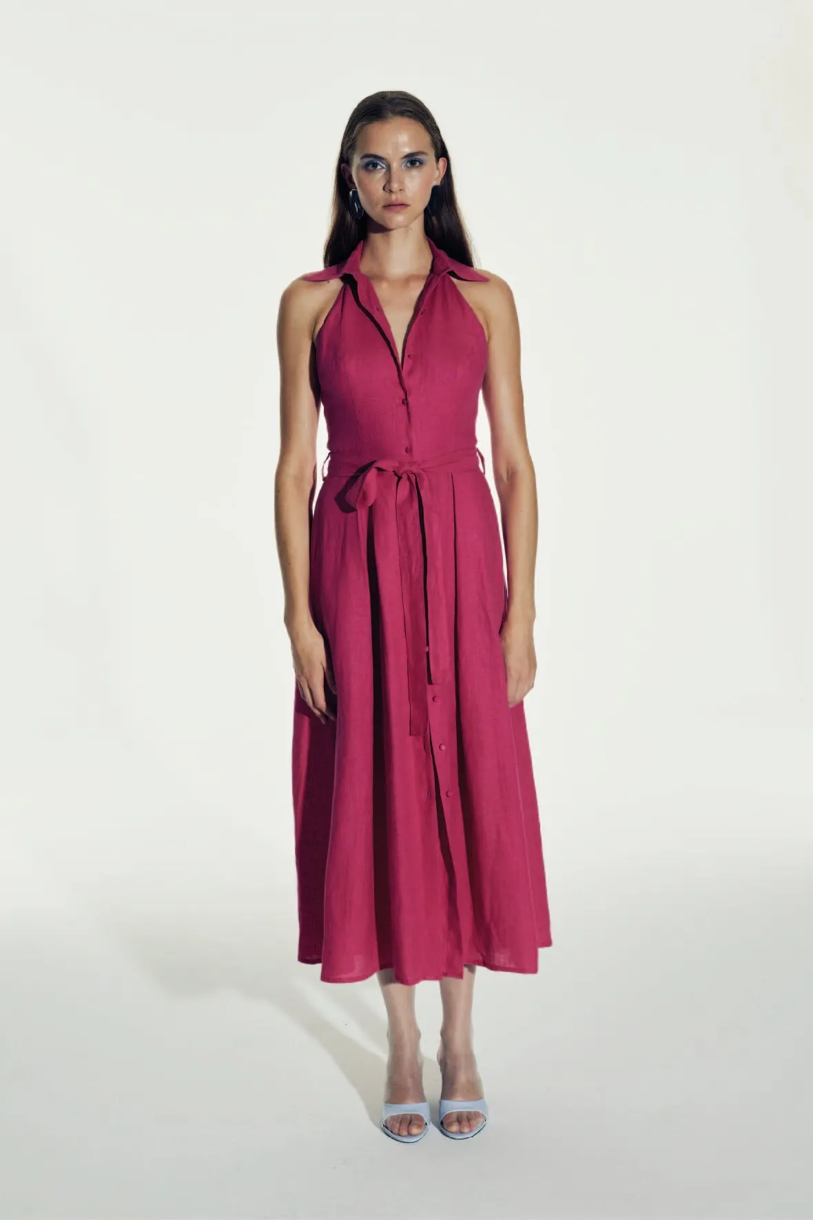 Carrie Linen Midi Dress in Berry Pink