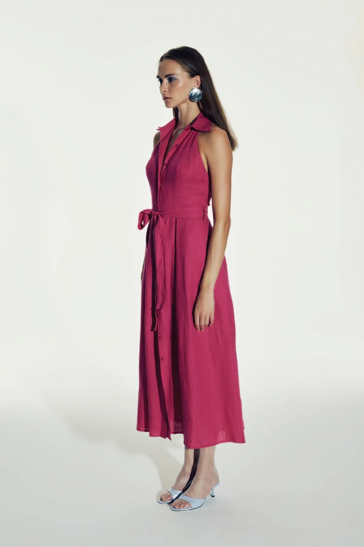 Carrie Linen Midi Dress in Berry Pink