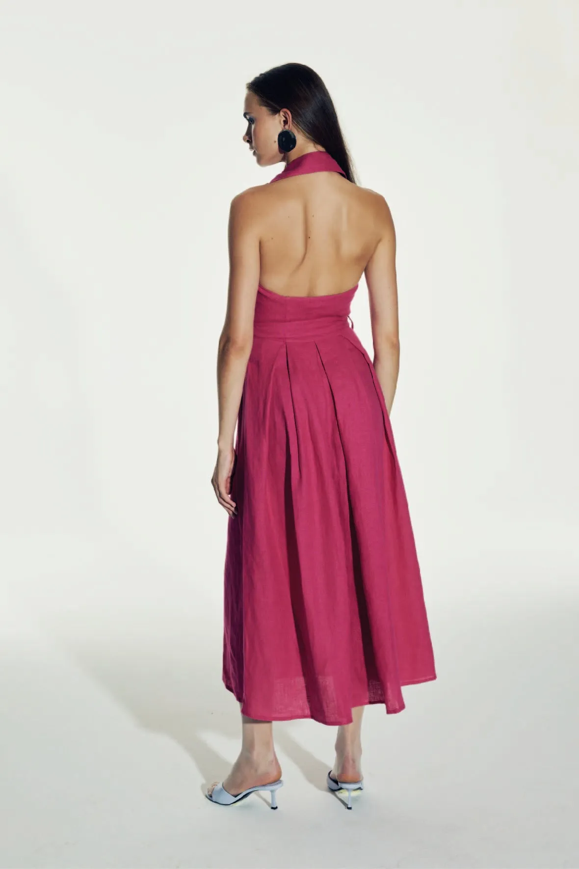 Carrie Linen Midi Dress in Berry Pink