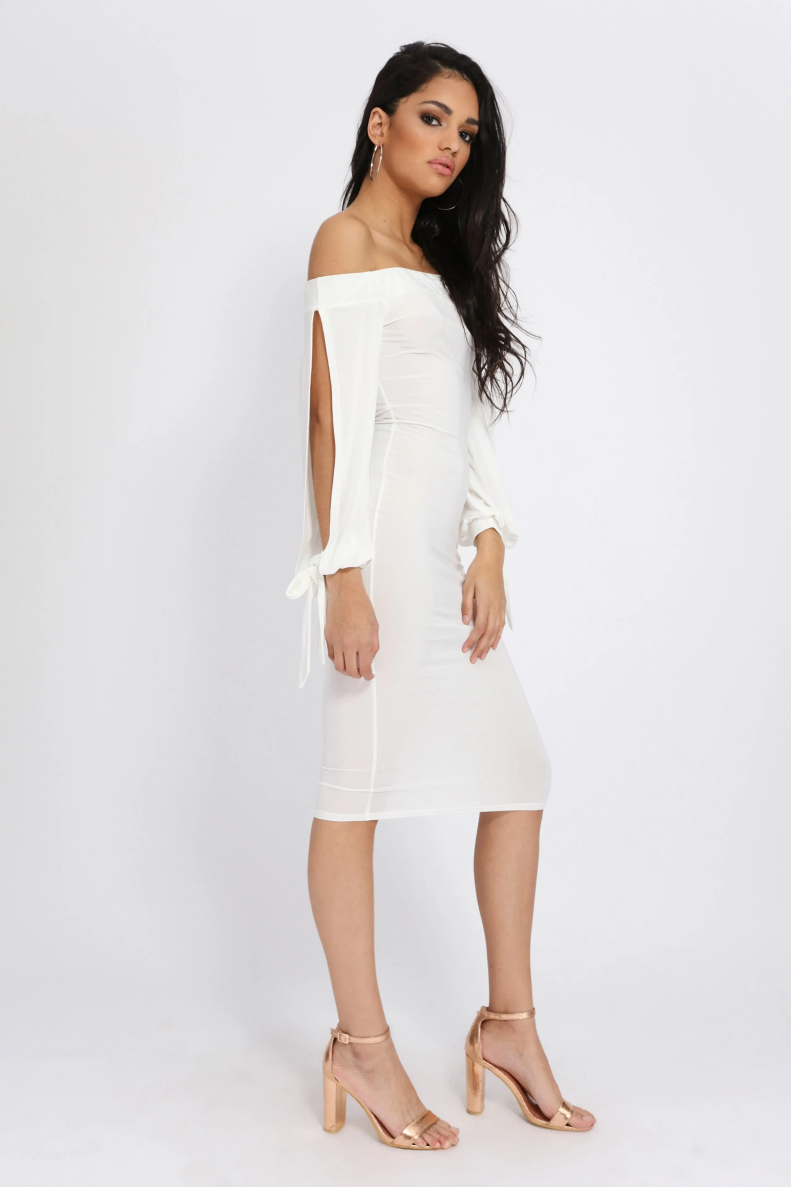 Cream Bardot Oversize Sleeve Midi Dress