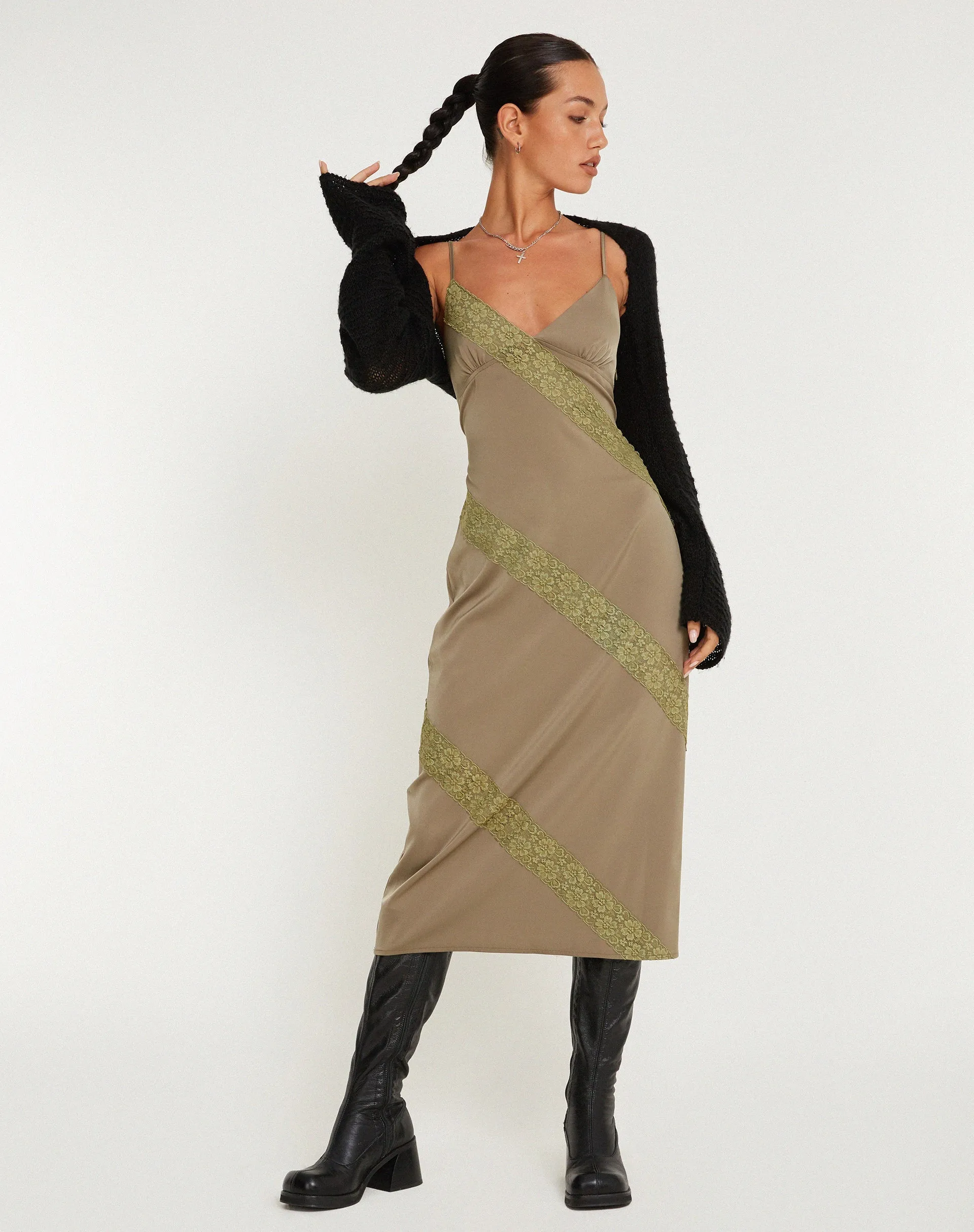 Deonne Midi Dress in Satin Avocado