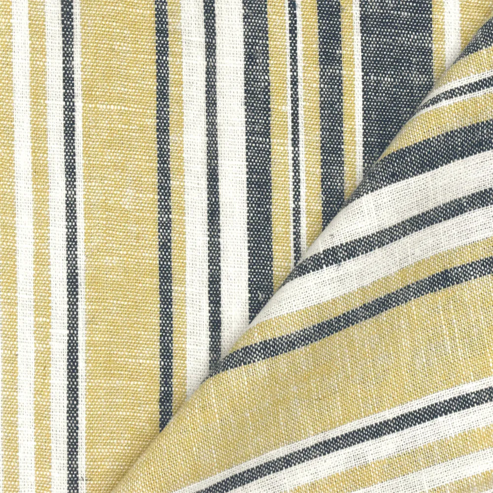 Dijon Yellow-Blue-White Striped Linen Cotton Shirting Woven Fabric