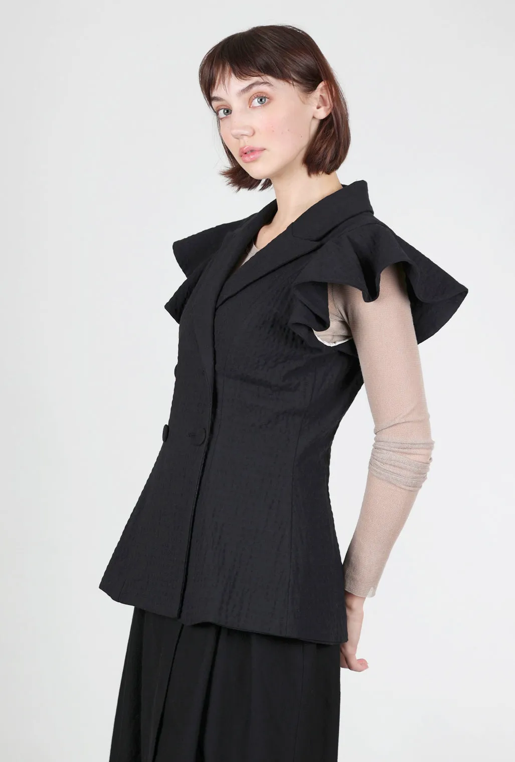 Embossed Ruffle Vest, Black