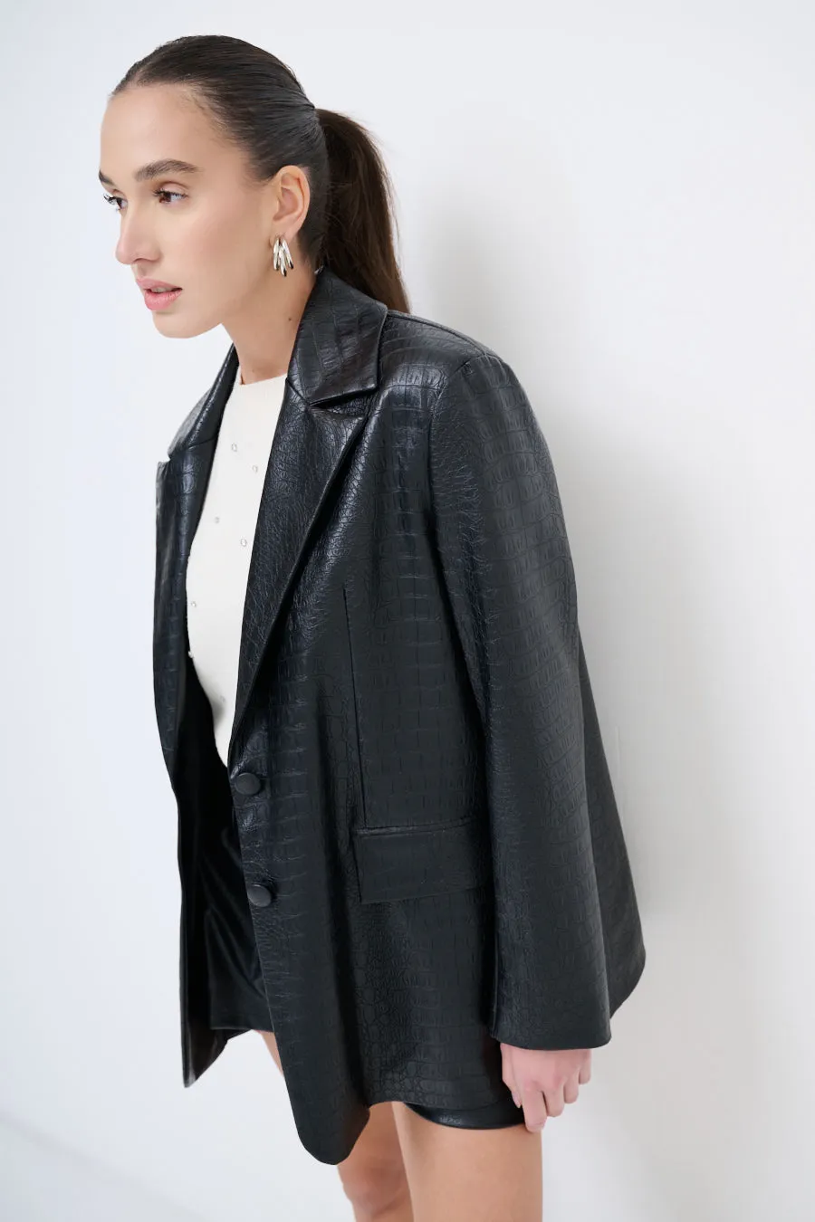 Faux leather blazer with oversized fit wholesale