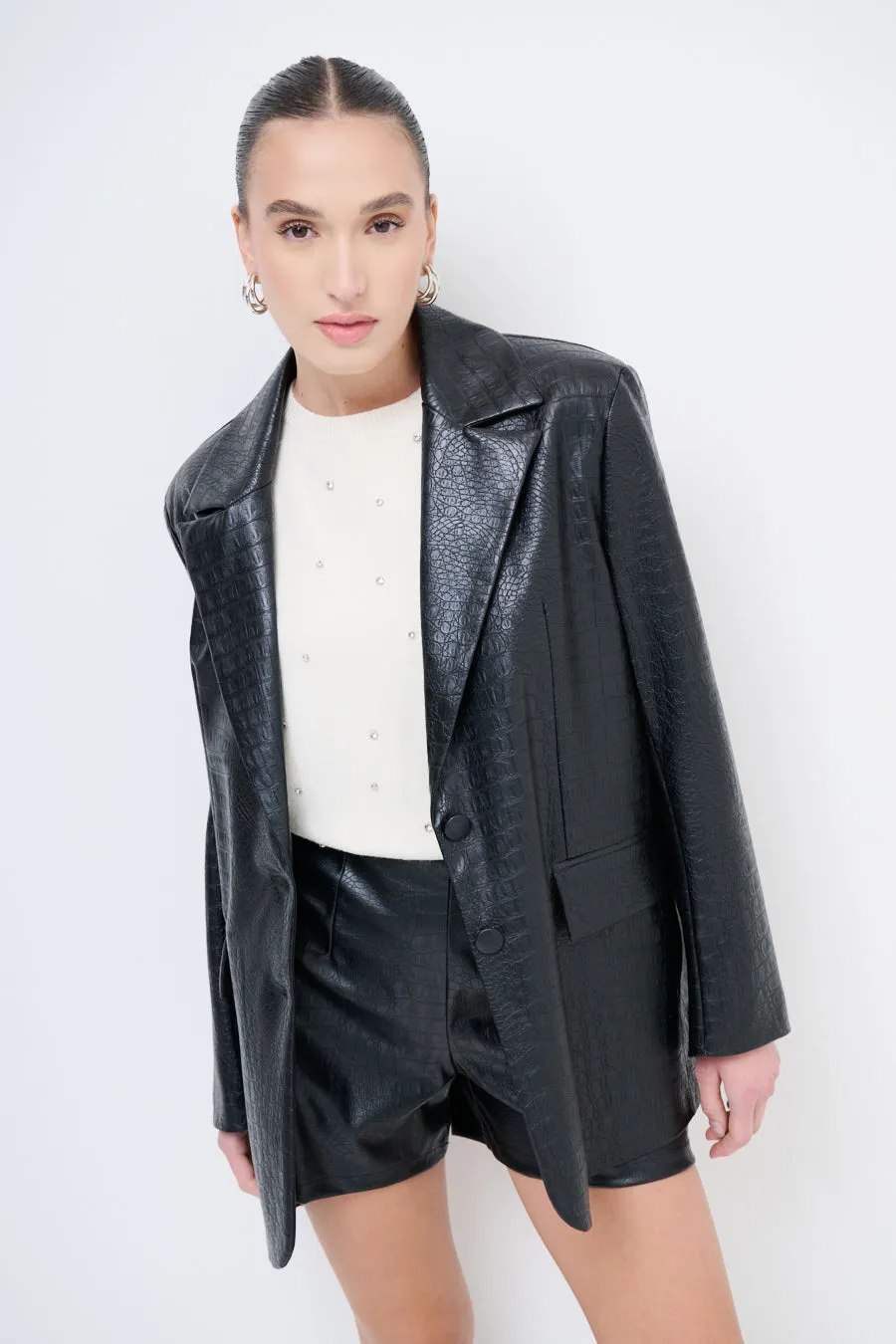 Faux leather blazer with oversized fit wholesale