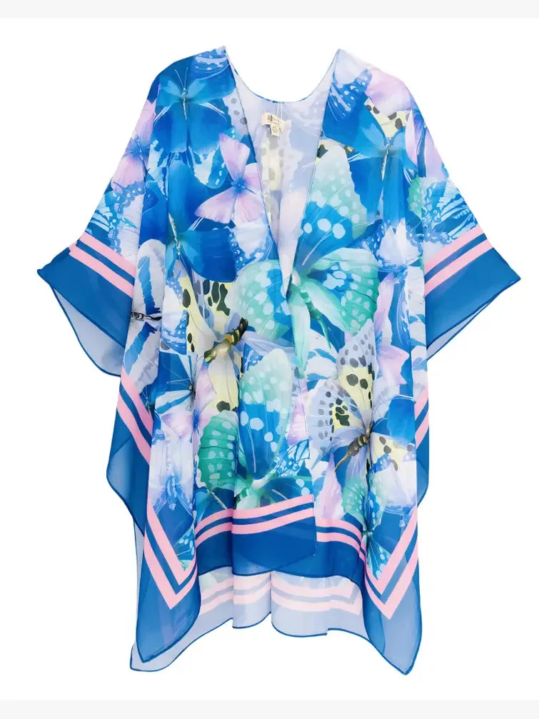 JC070978 Blue-Multi Butterfly Floral Kimono