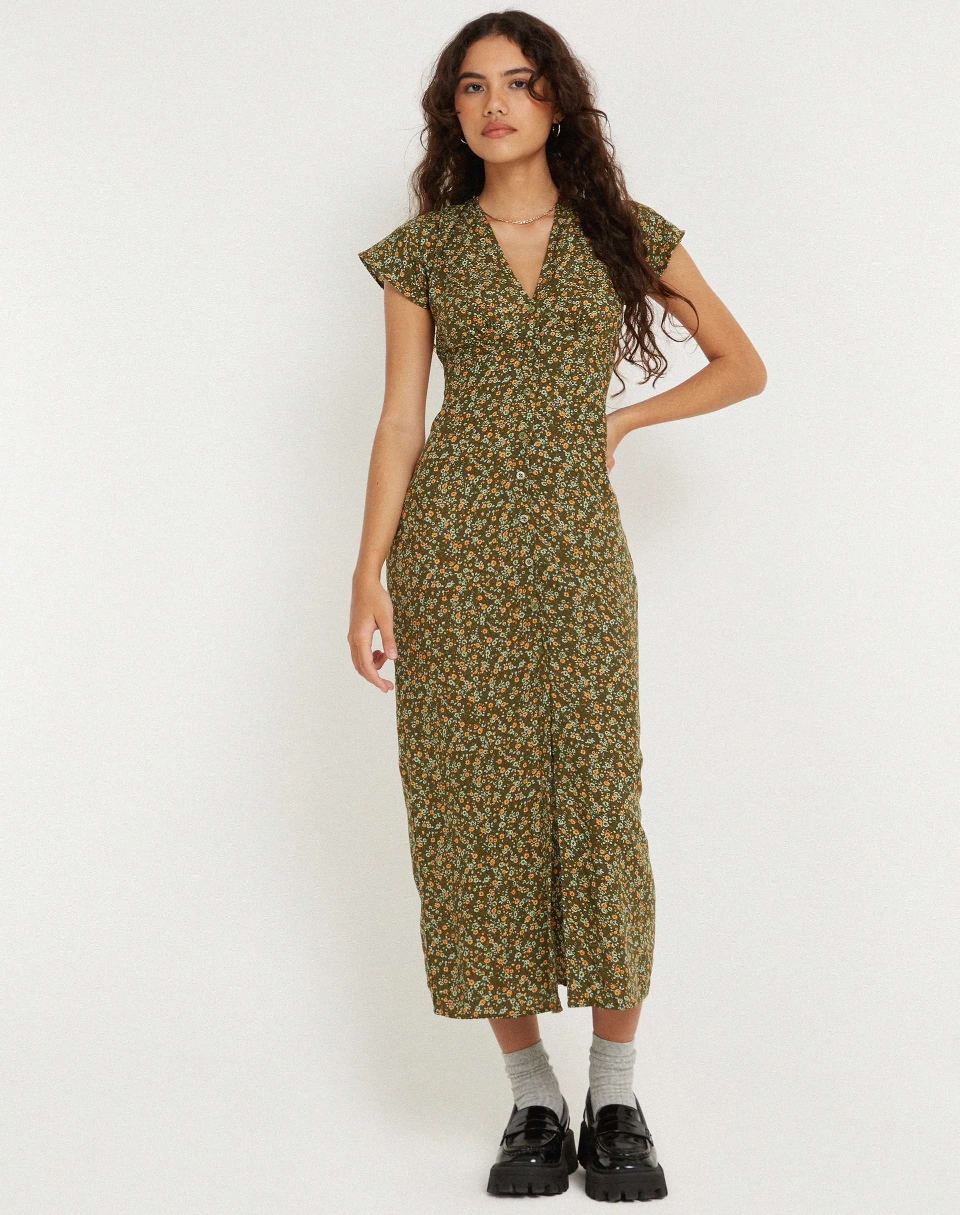 Larin Midi Dress in Grungey Floral Khaki