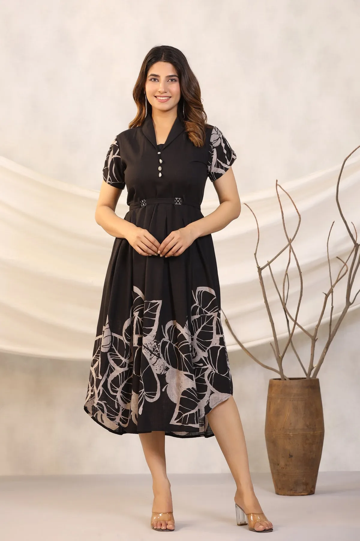 Leaf Mystery on Black Cotton MIDI Dress