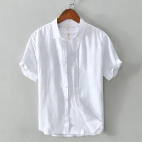 New white shirt men summer short sleeve breathable linen cotton tops solid high quality man clothing Camisa masculina 566