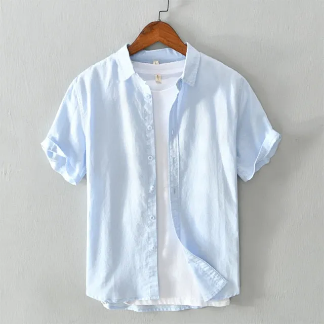 New white shirt men summer short sleeve breathable linen cotton tops solid high quality man clothing Camisa masculina 566