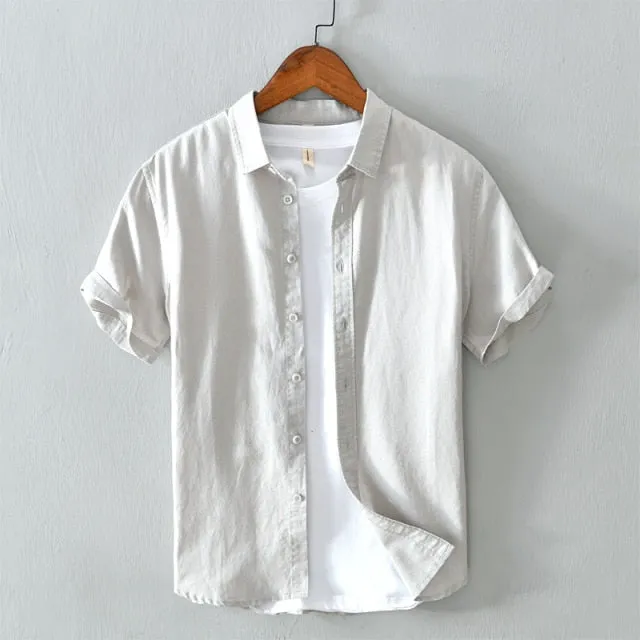 New white shirt men summer short sleeve breathable linen cotton tops solid high quality man clothing Camisa masculina 566