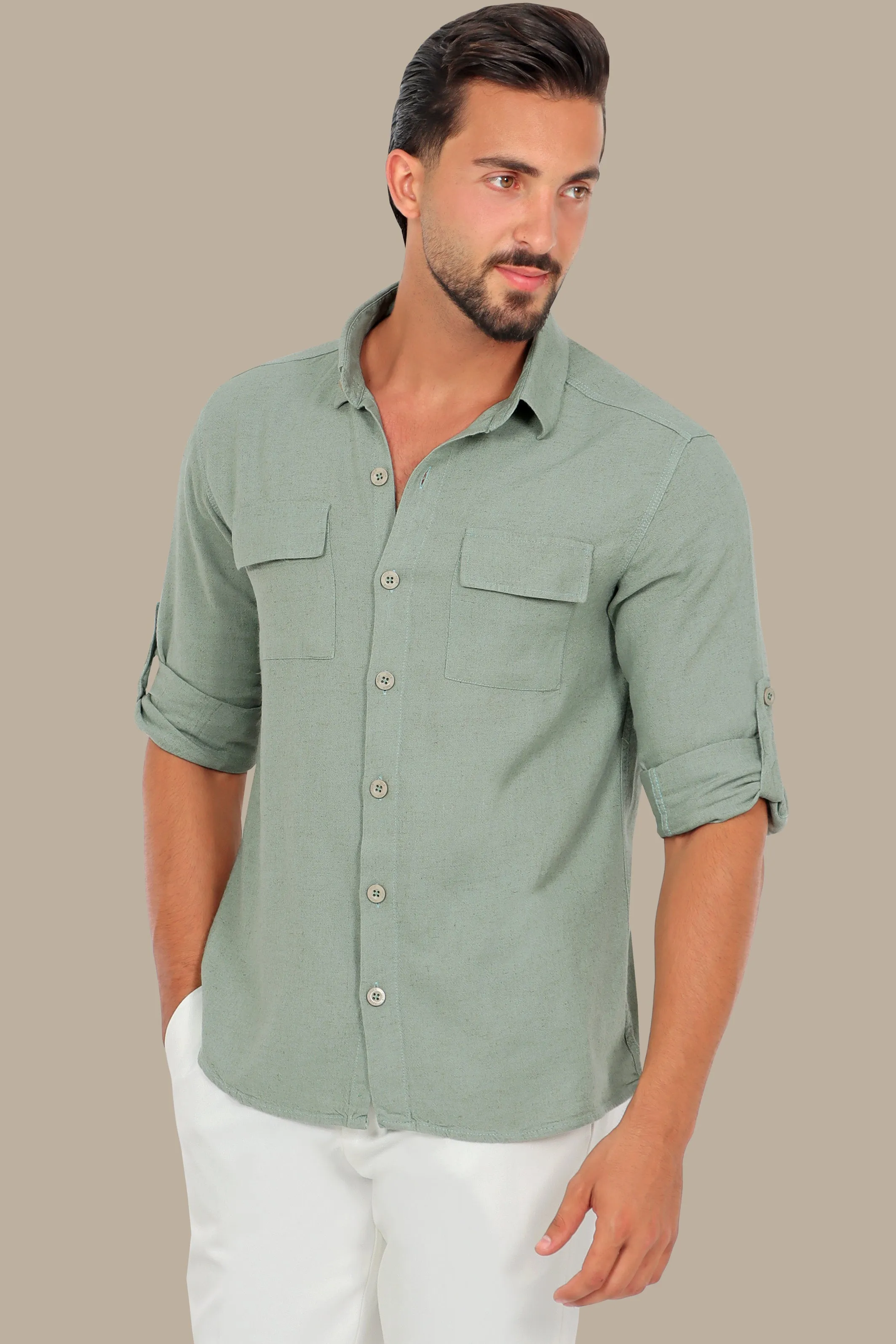 Olive Linen Shirt with Flap Pockets