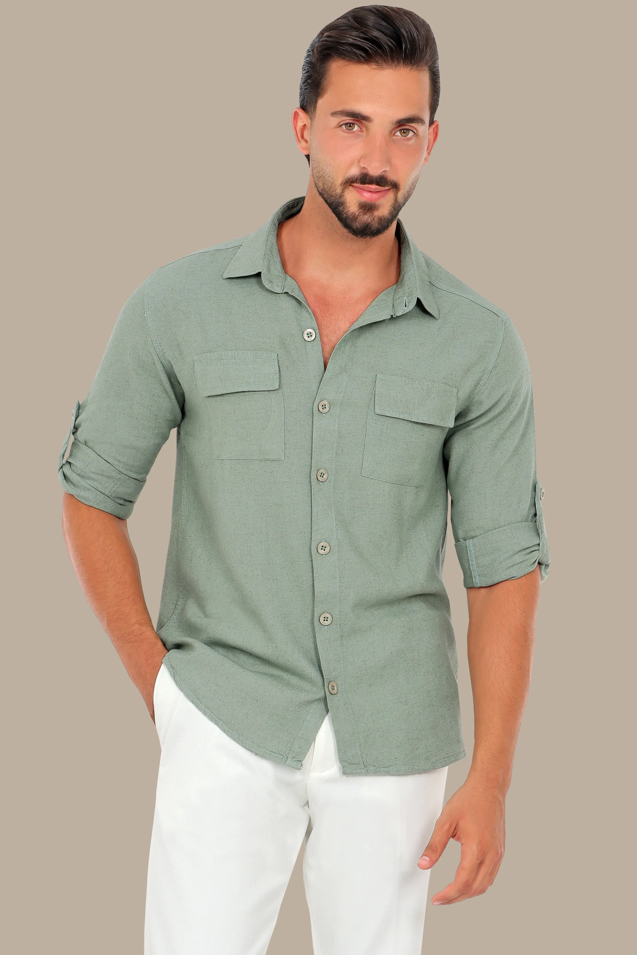 Olive Linen Shirt with Flap Pockets