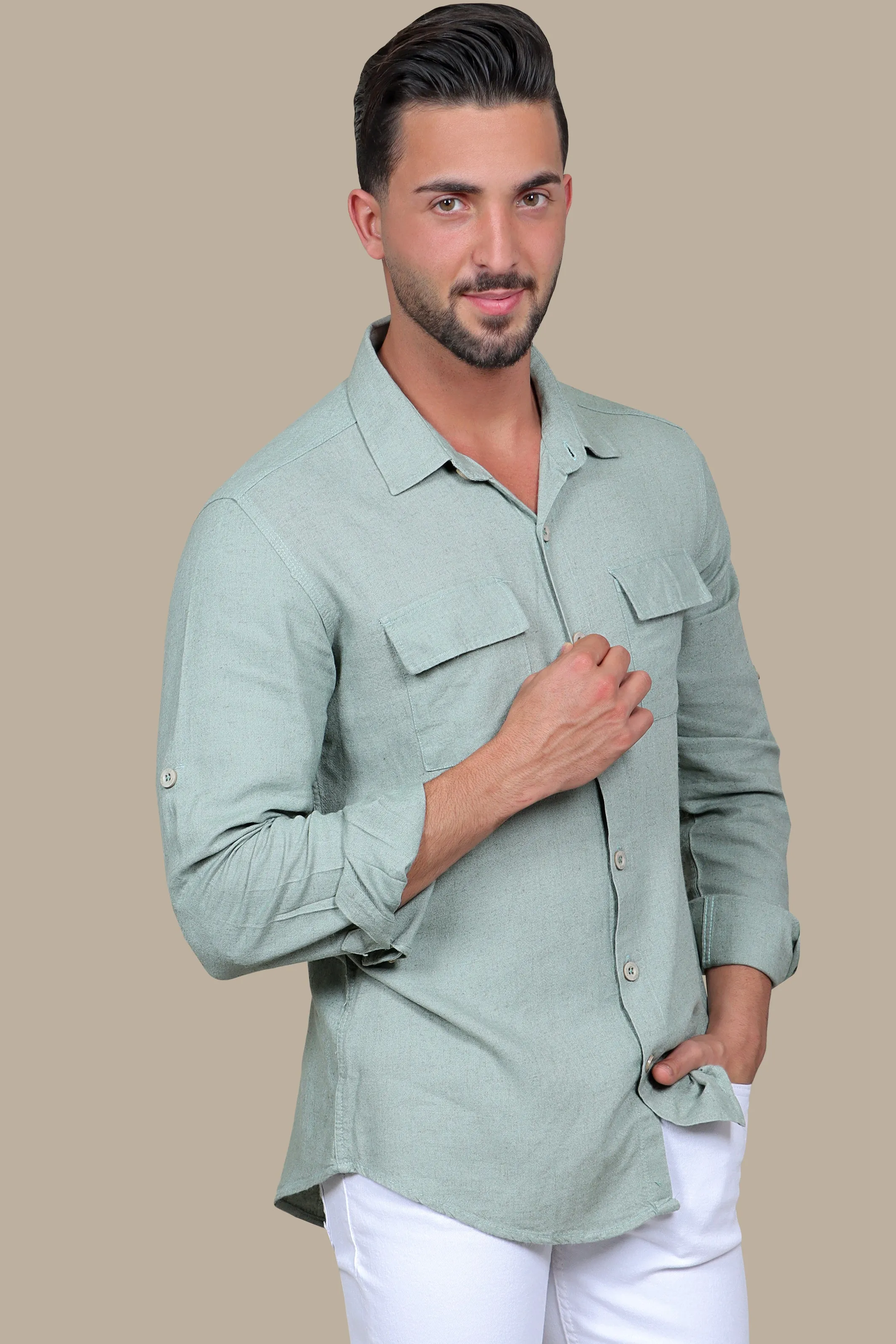 Olive Linen Shirt with Flap Pockets