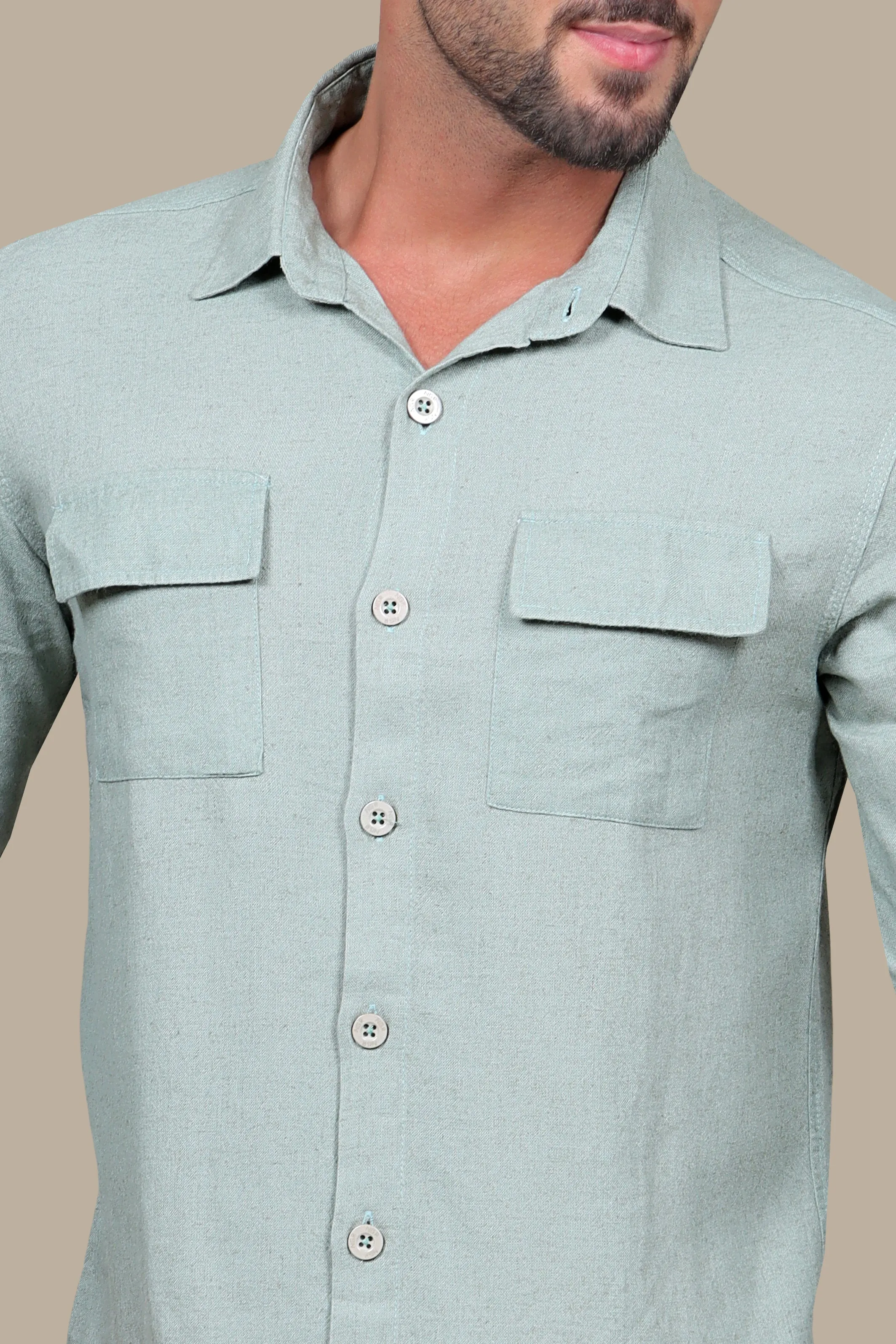 Olive Linen Shirt with Flap Pockets