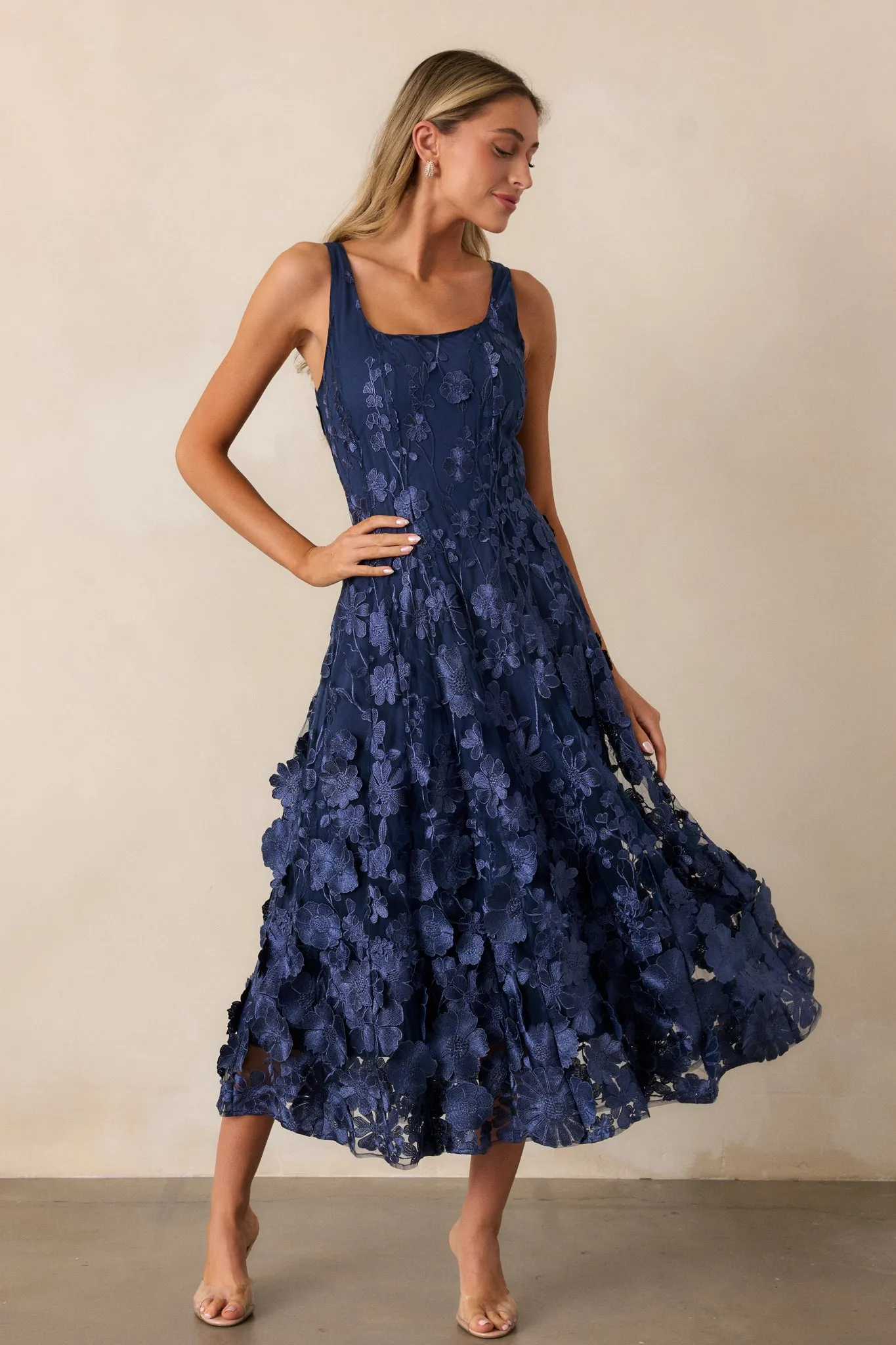 Only In My Heart Navy Floral Embroidered Midi Dress