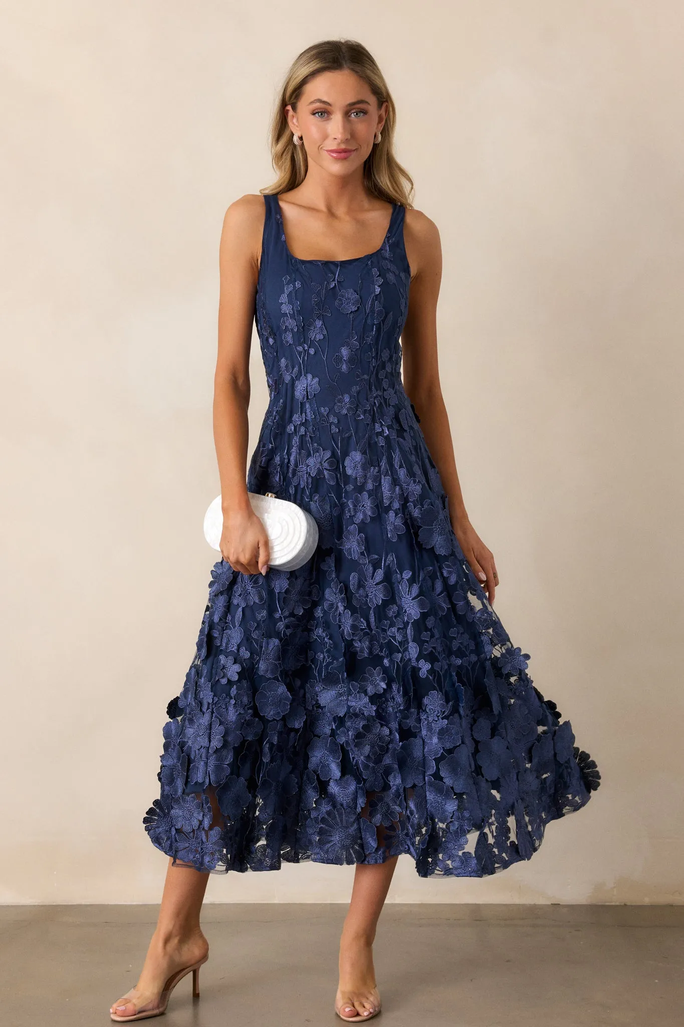 Only In My Heart Navy Floral Embroidered Midi Dress