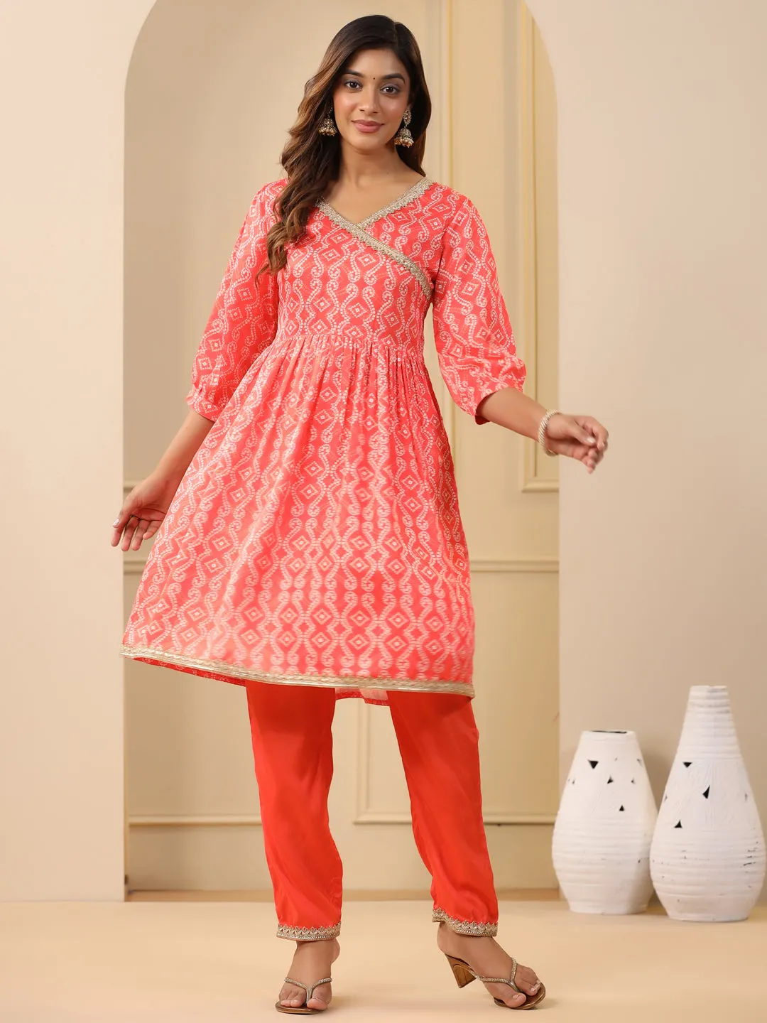 Orange Bandhej Print Wrap Kurta With Pants