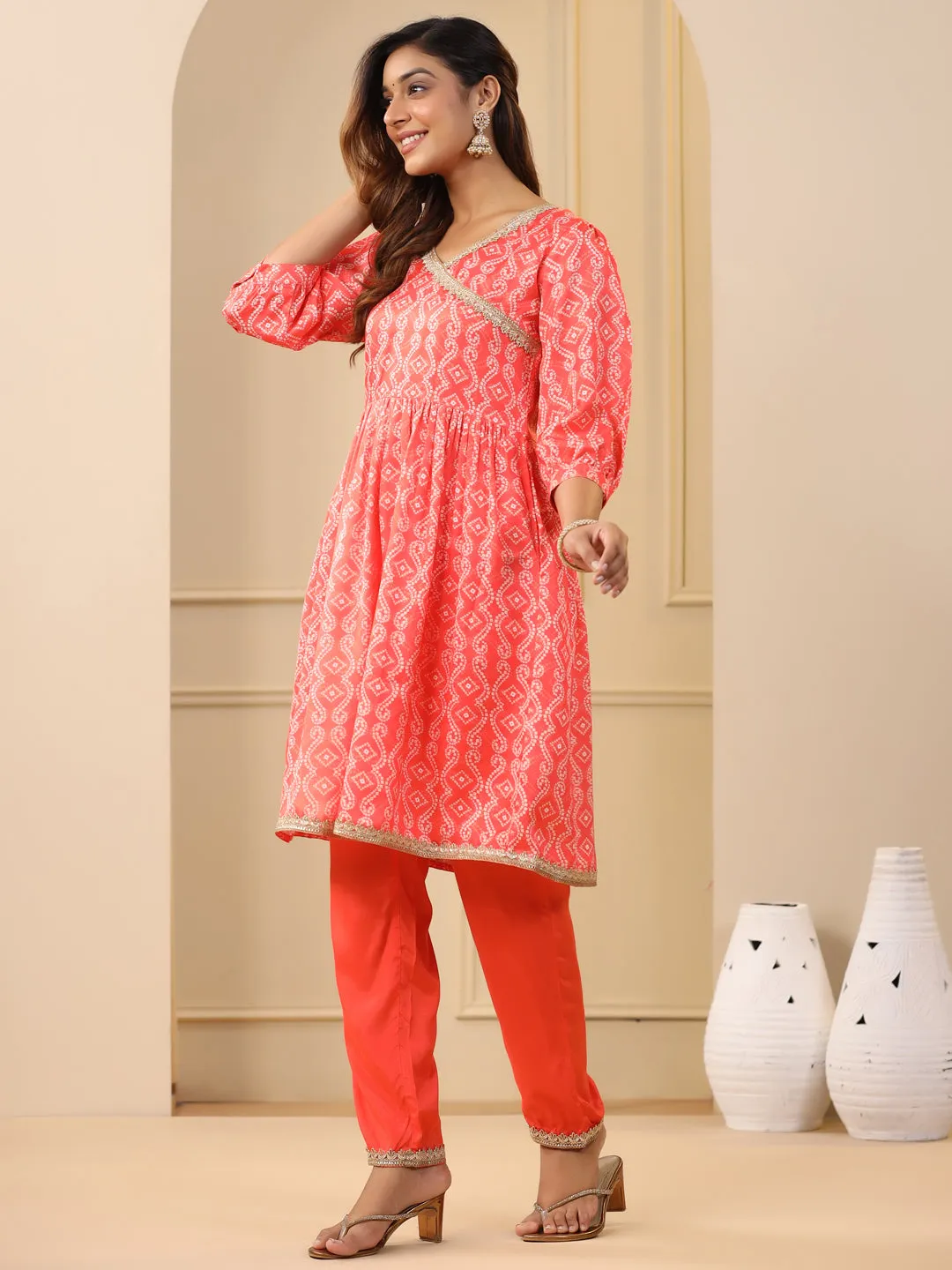 Orange Bandhej Print Wrap Kurta With Pants