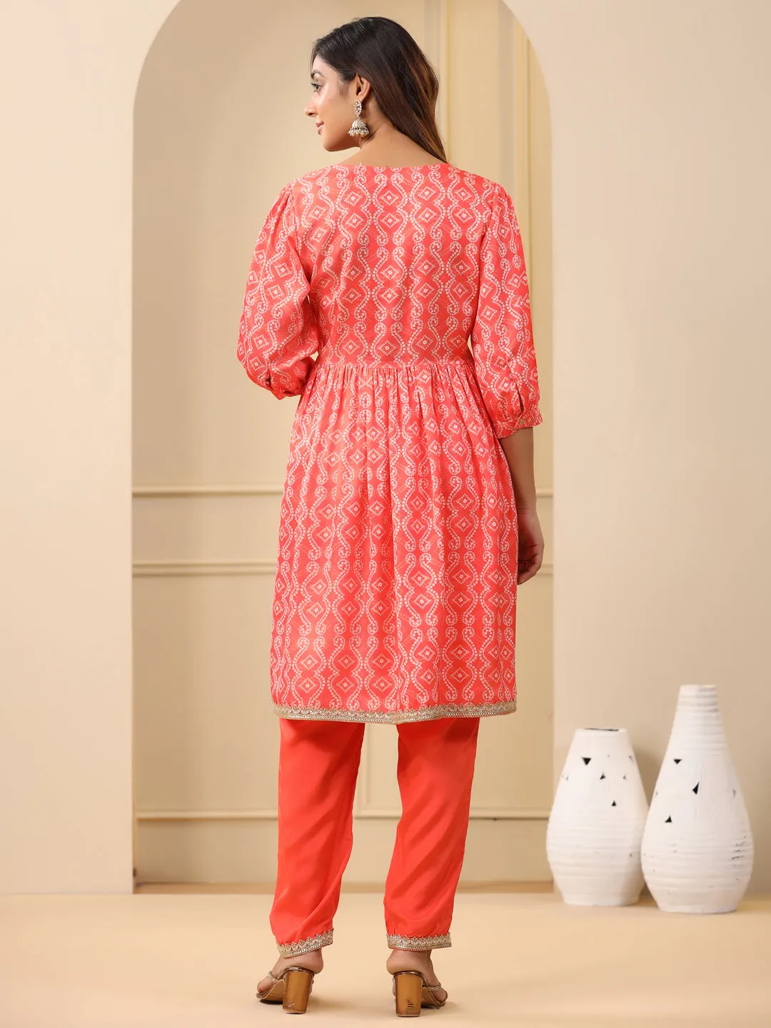 Orange Bandhej Print Wrap Kurta With Pants