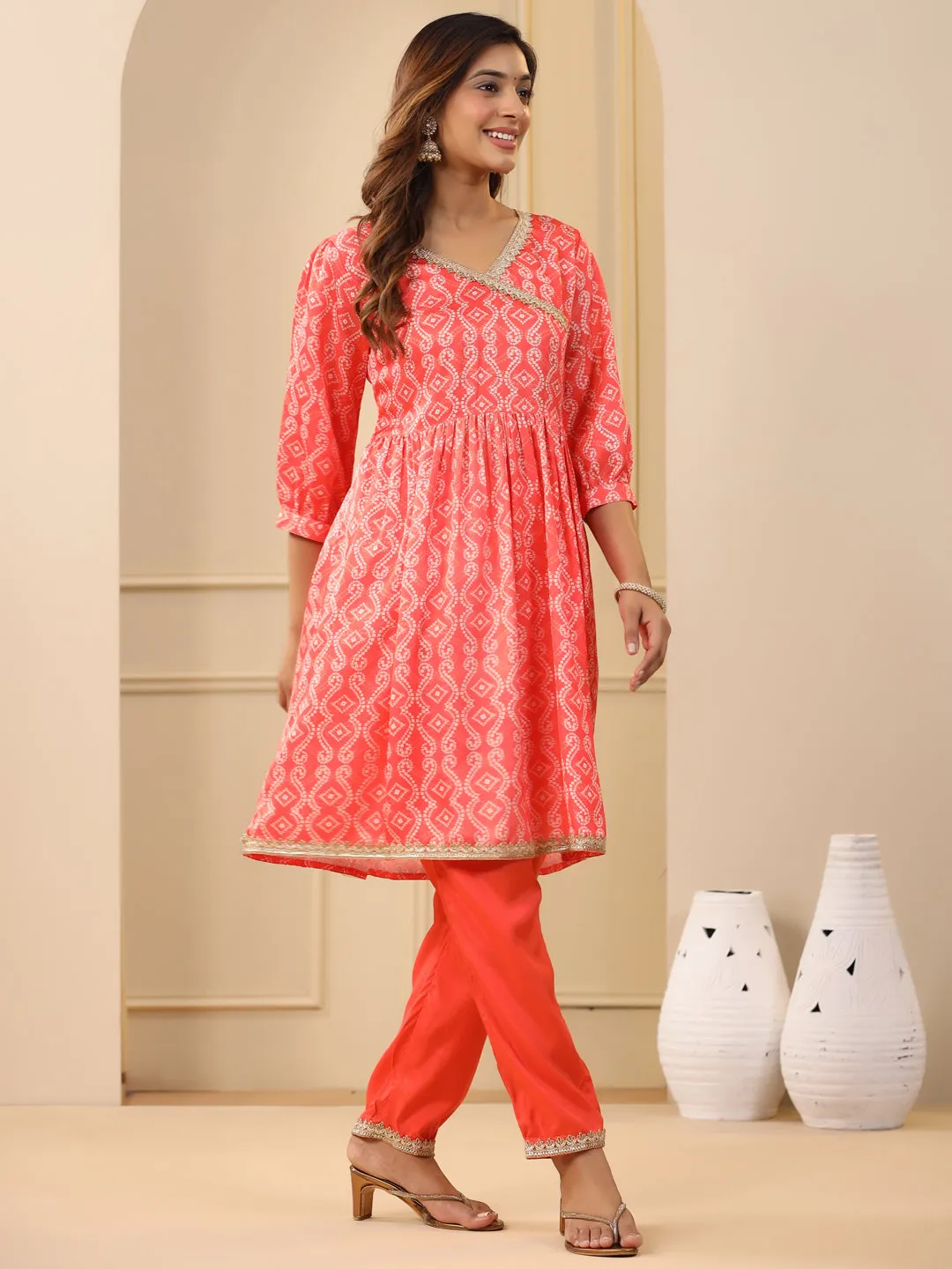 Orange Bandhej Print Wrap Kurta With Pants