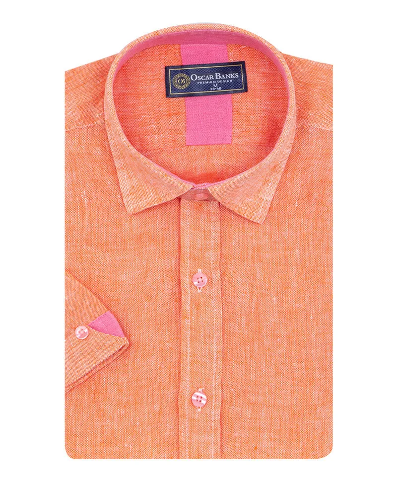 Orange Plain Linen Short Sleeve Shirt