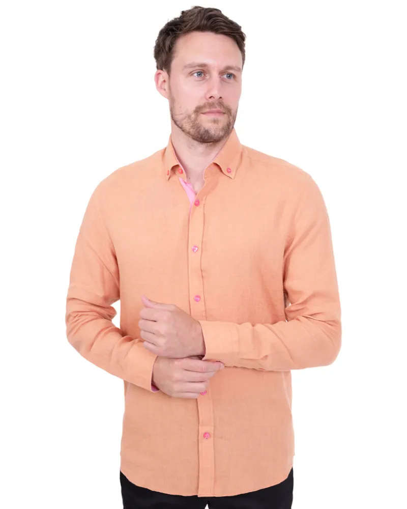 Orange Plain Linen Short Sleeve Shirt