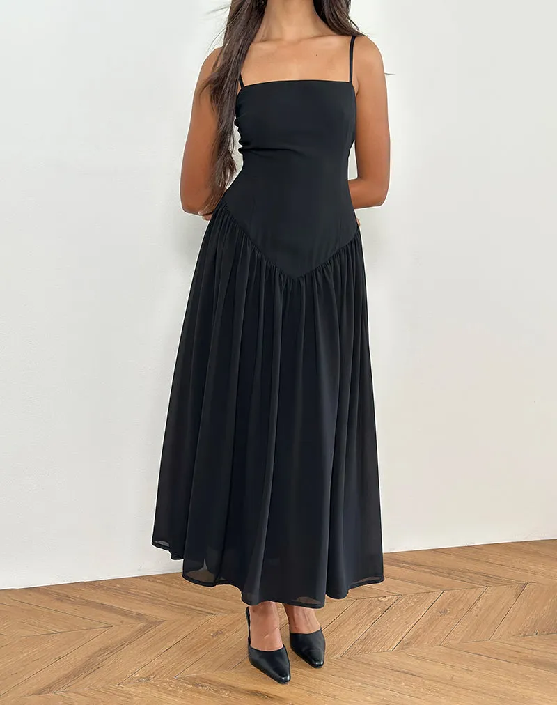 Paduri Drop Waist Midi Dress in Chiffon Black