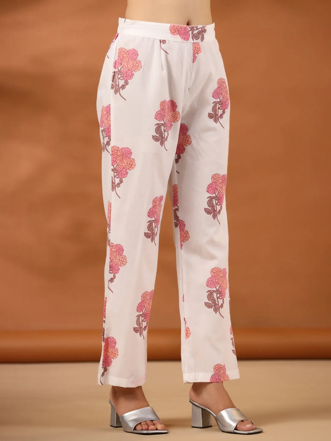 Peach Floral Printed Cotton 3-Piece Co-Ord Set