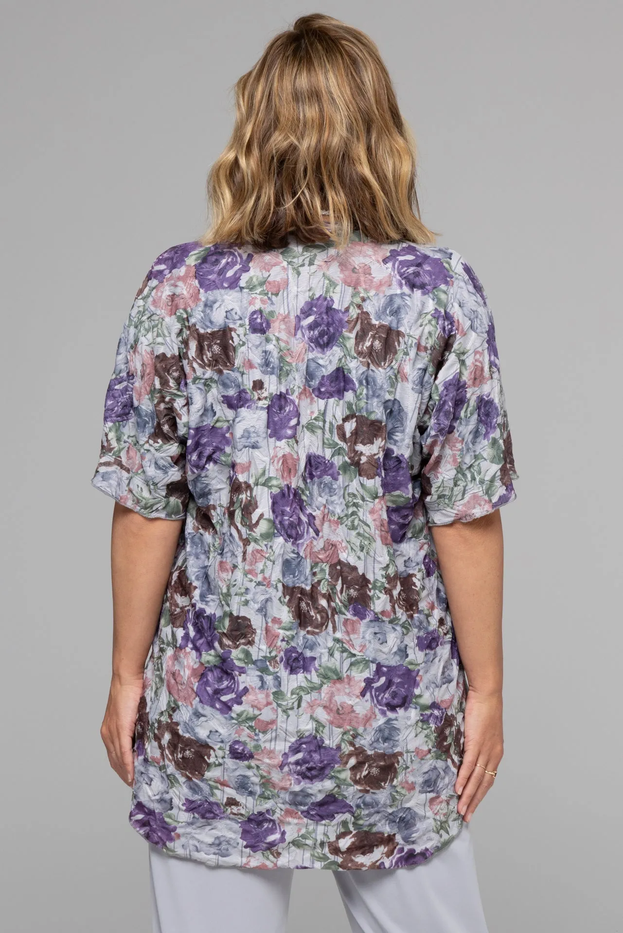 Plum Printed Net Knit Short Sleeve Kimono