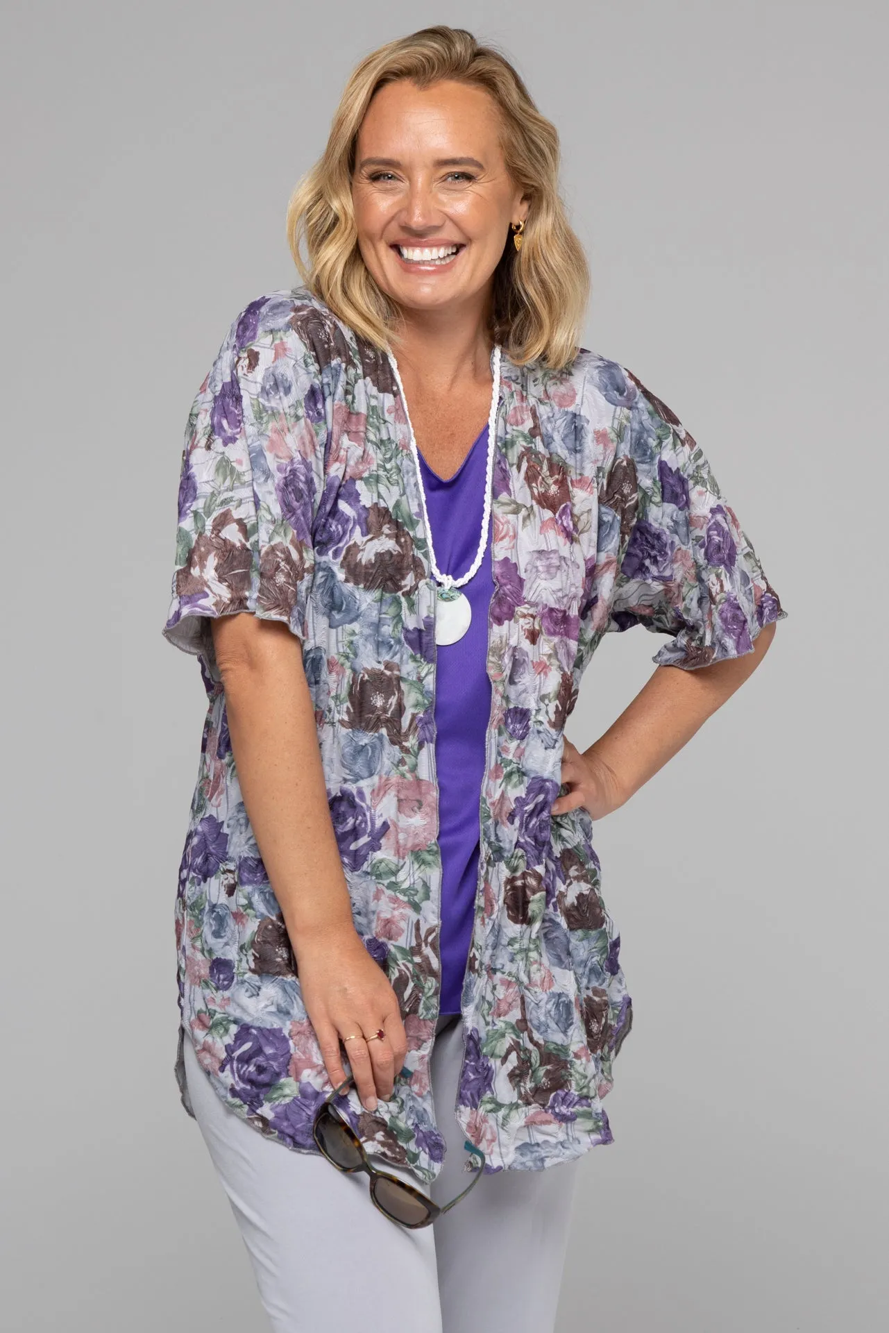 Plum Printed Net Knit Short Sleeve Kimono