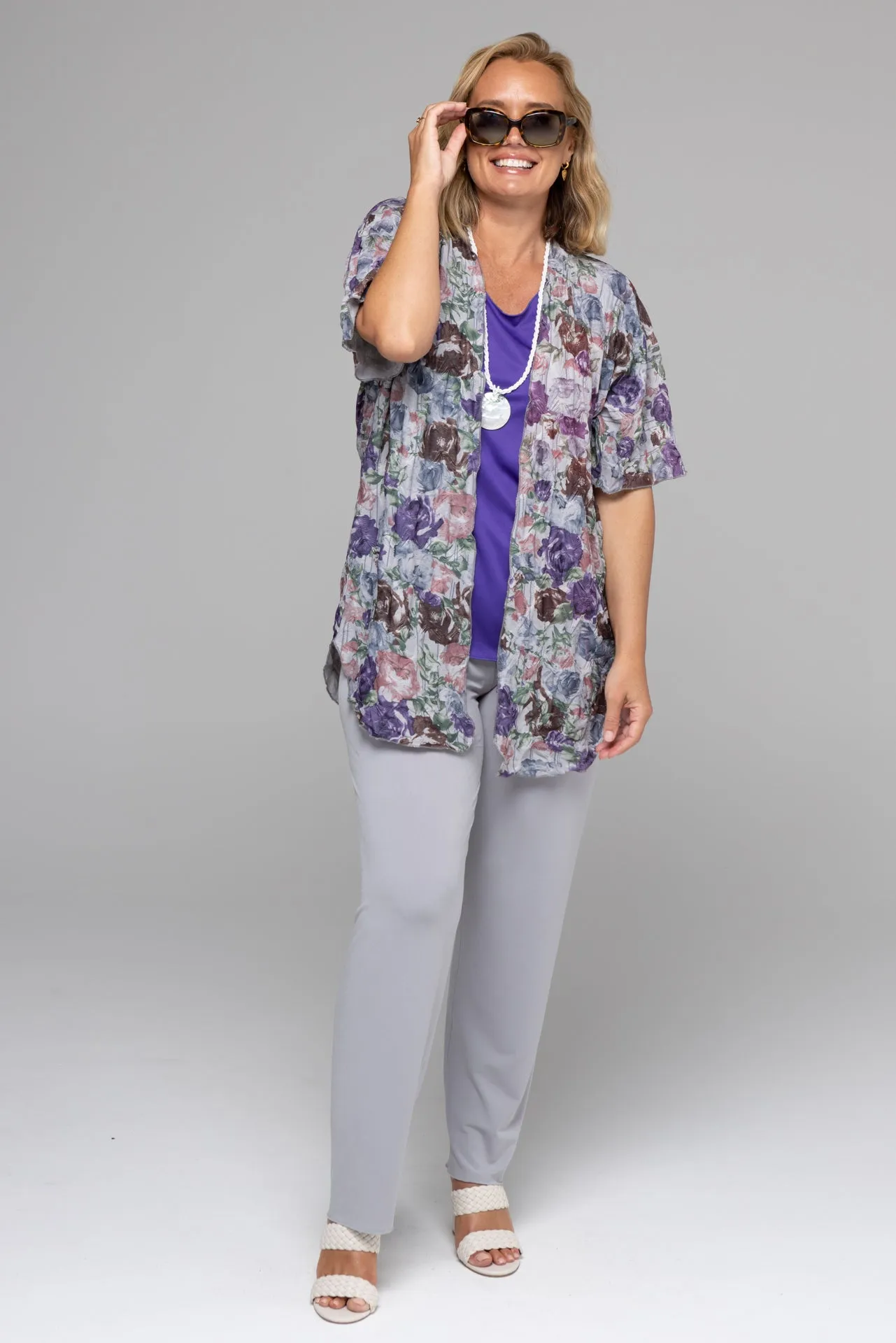 Plum Printed Net Knit Short Sleeve Kimono