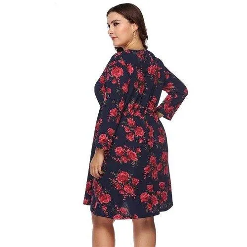 Plus Size Floral O-Neck Casual Tunic Midi Dress