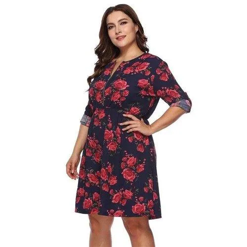 Plus Size Floral O-Neck Casual Tunic Midi Dress