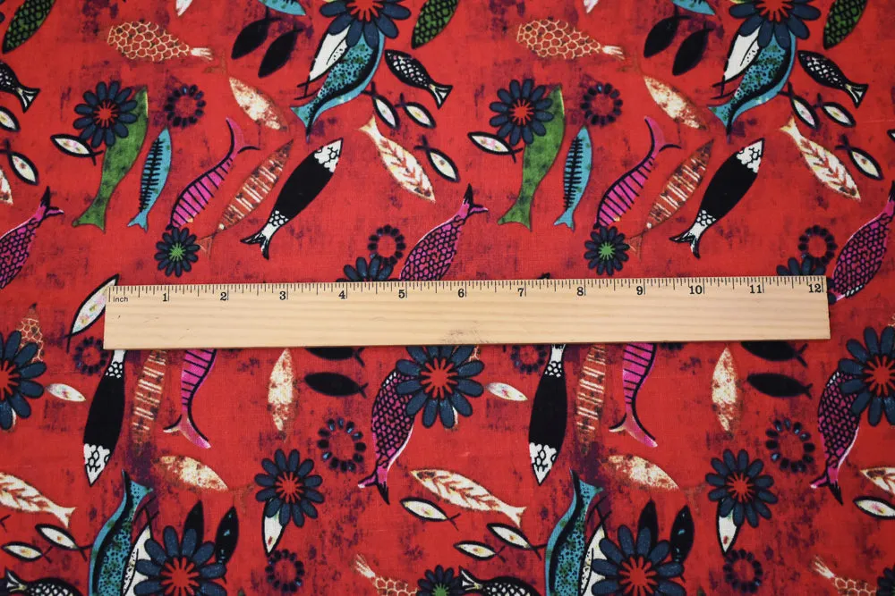 Red-Teal-Multi Fish Floral Pattern Printed Linen Woven Fabric