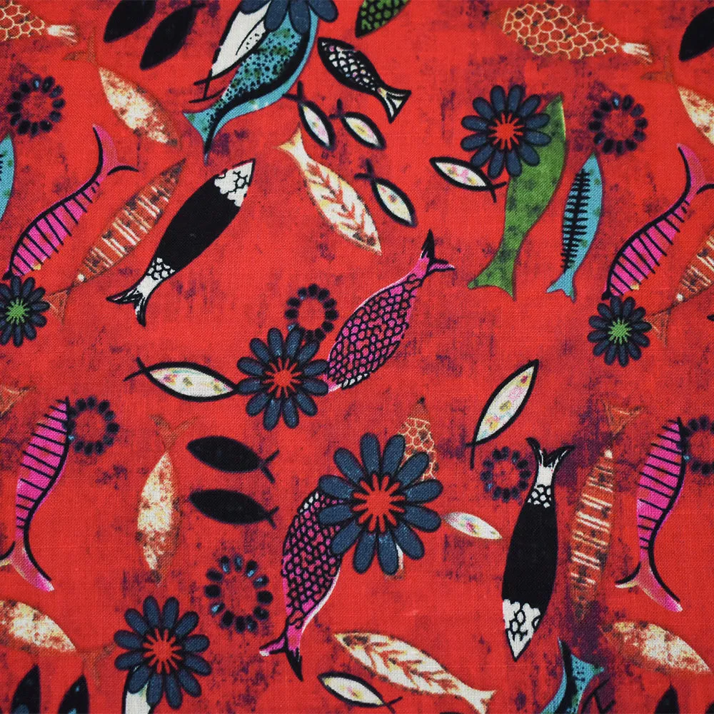 Red-Teal-Multi Fish Floral Pattern Printed Linen Woven Fabric