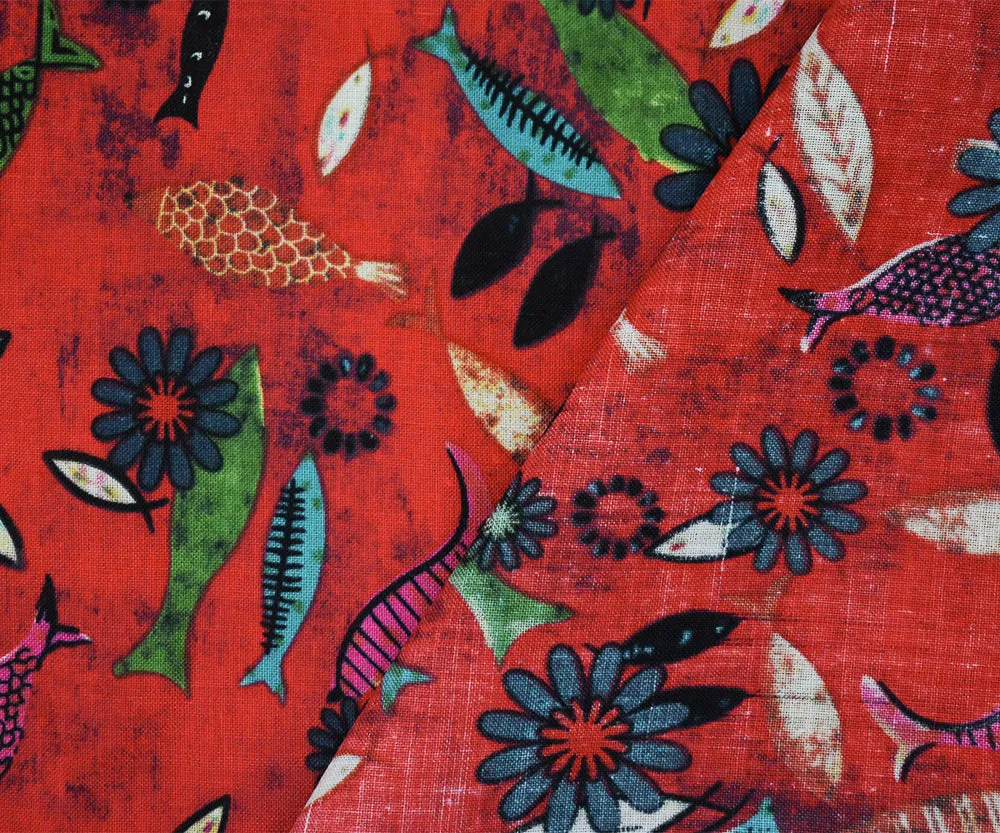 Red-Teal-Multi Fish Floral Pattern Printed Linen Woven Fabric