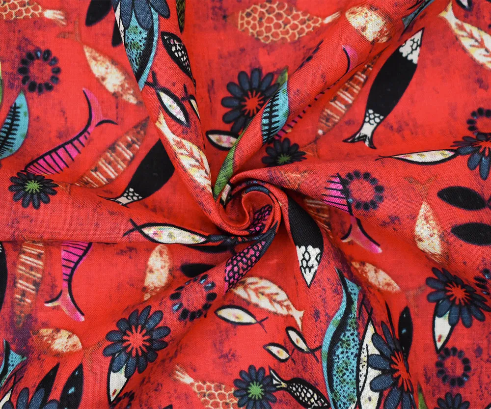 Red-Teal-Multi Fish Floral Pattern Printed Linen Woven Fabric