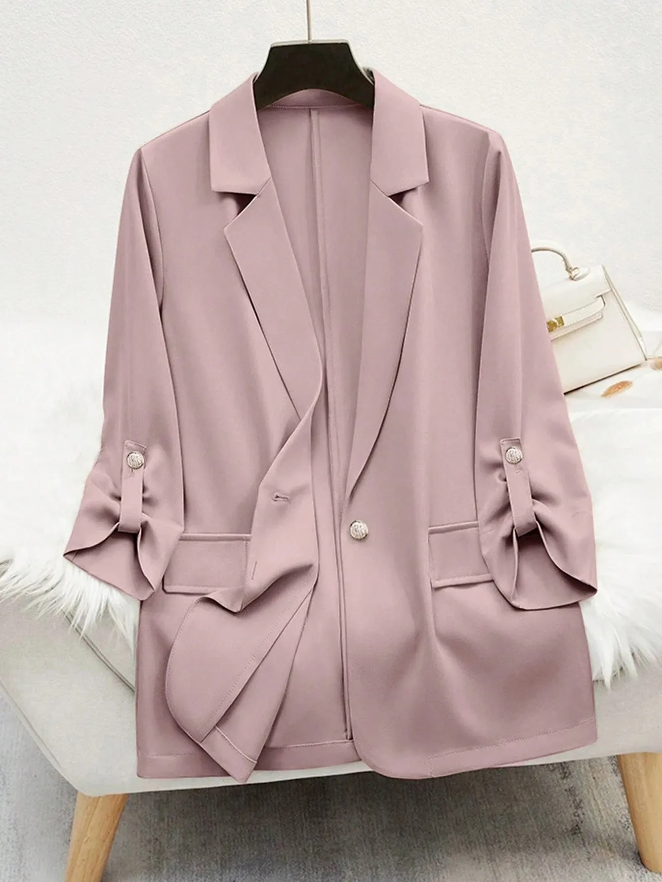 SHEIN Privé Women's Lapel Long Sleeve Rolled Cuff Fashionable Charismatic Mature Style Blazer Jacket