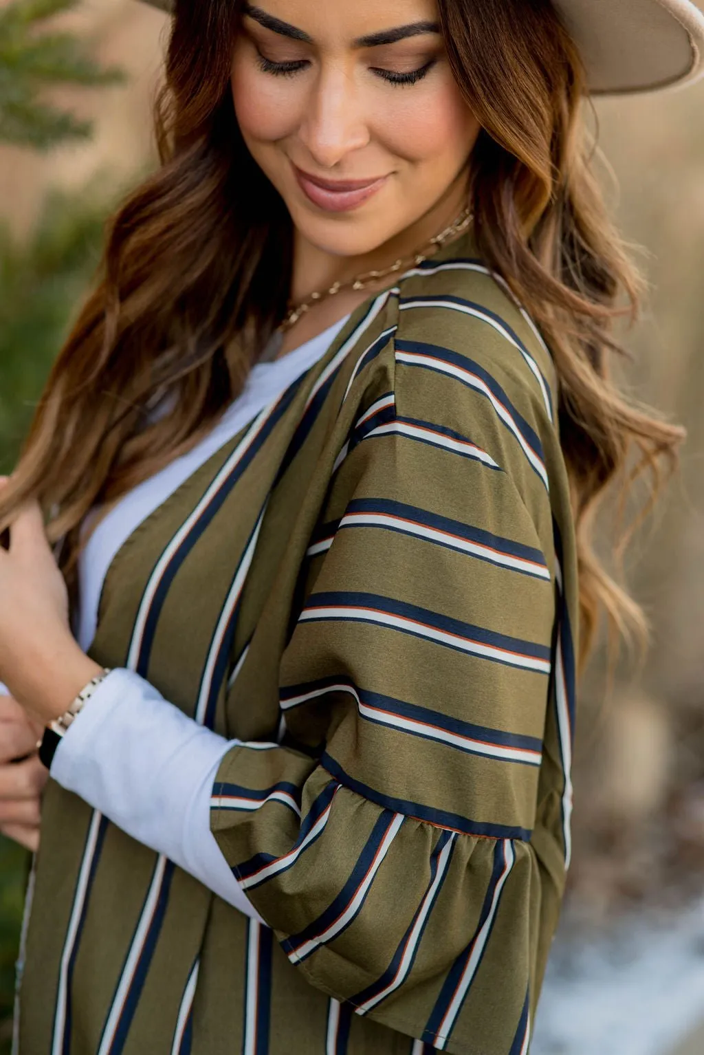 Striped Ruffle Sleeve Kimono