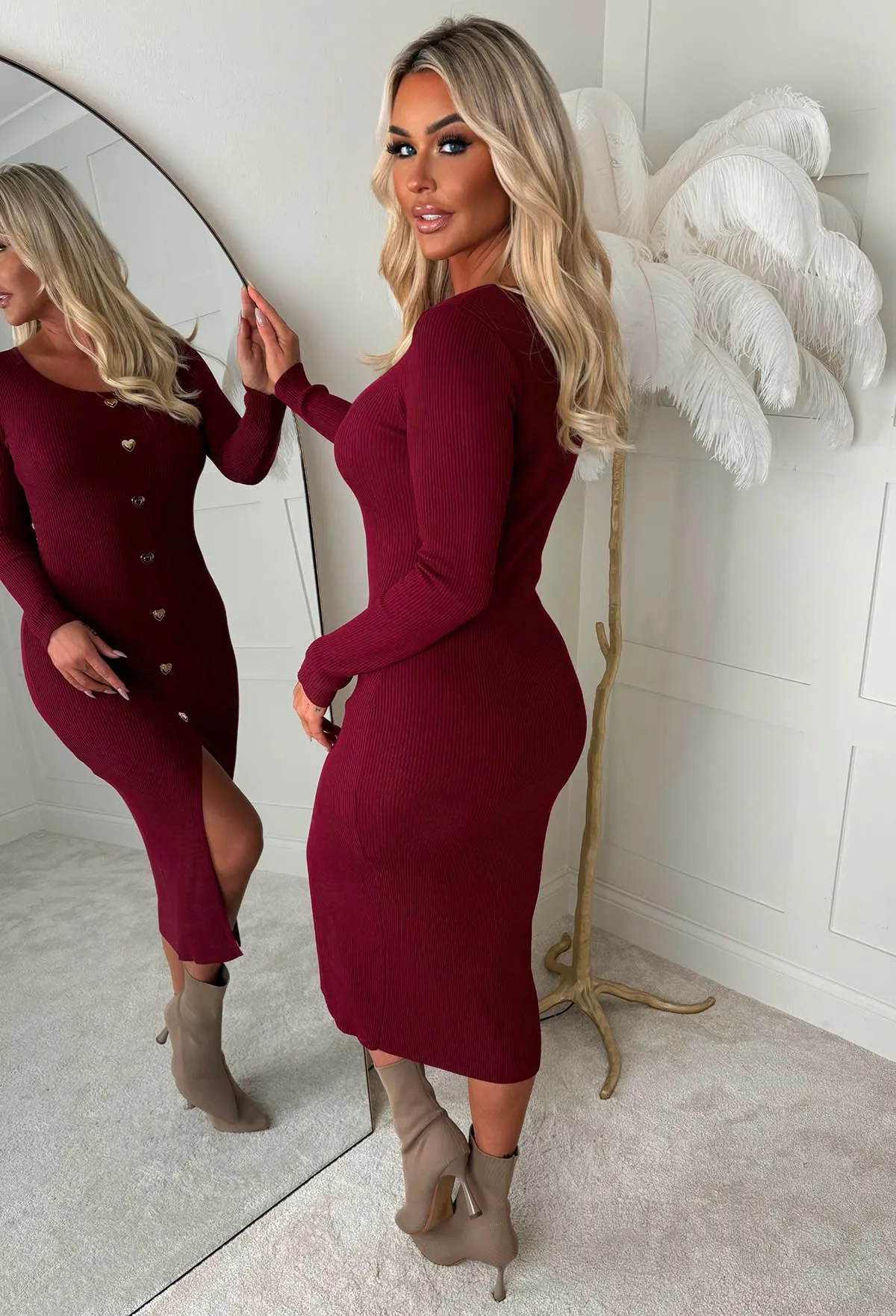 Take My Heart Burgundy Gold Heart Button Long Sleeve Knitted Midi Dress