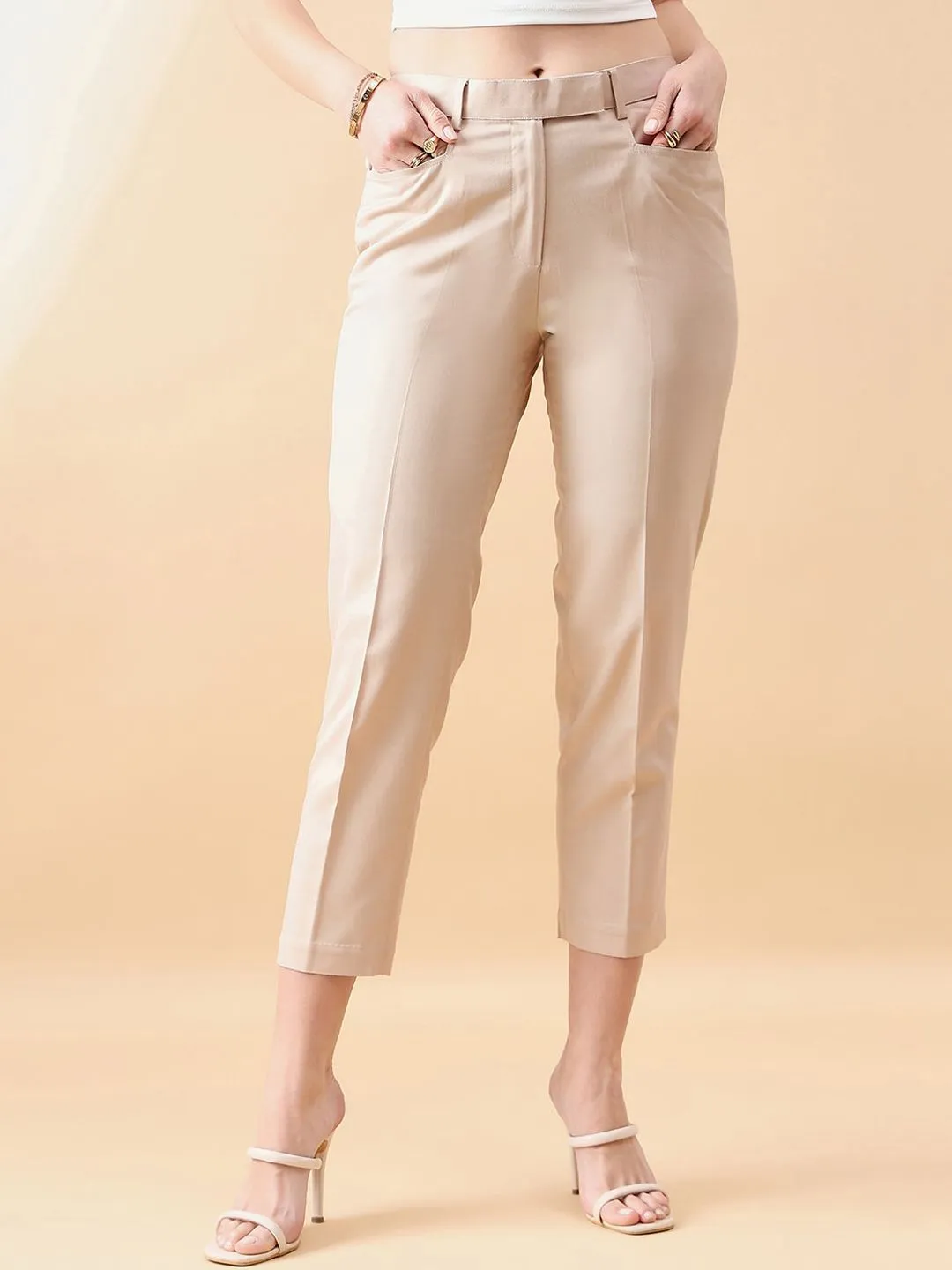 Tapered Mid Waist slim fit Trouser - Beige