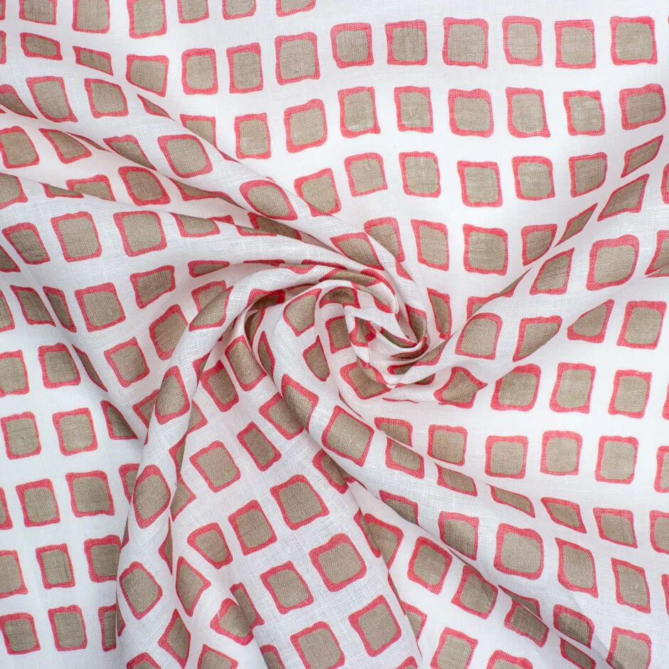 Taupe & Pink Squares Printed White Pure Linen