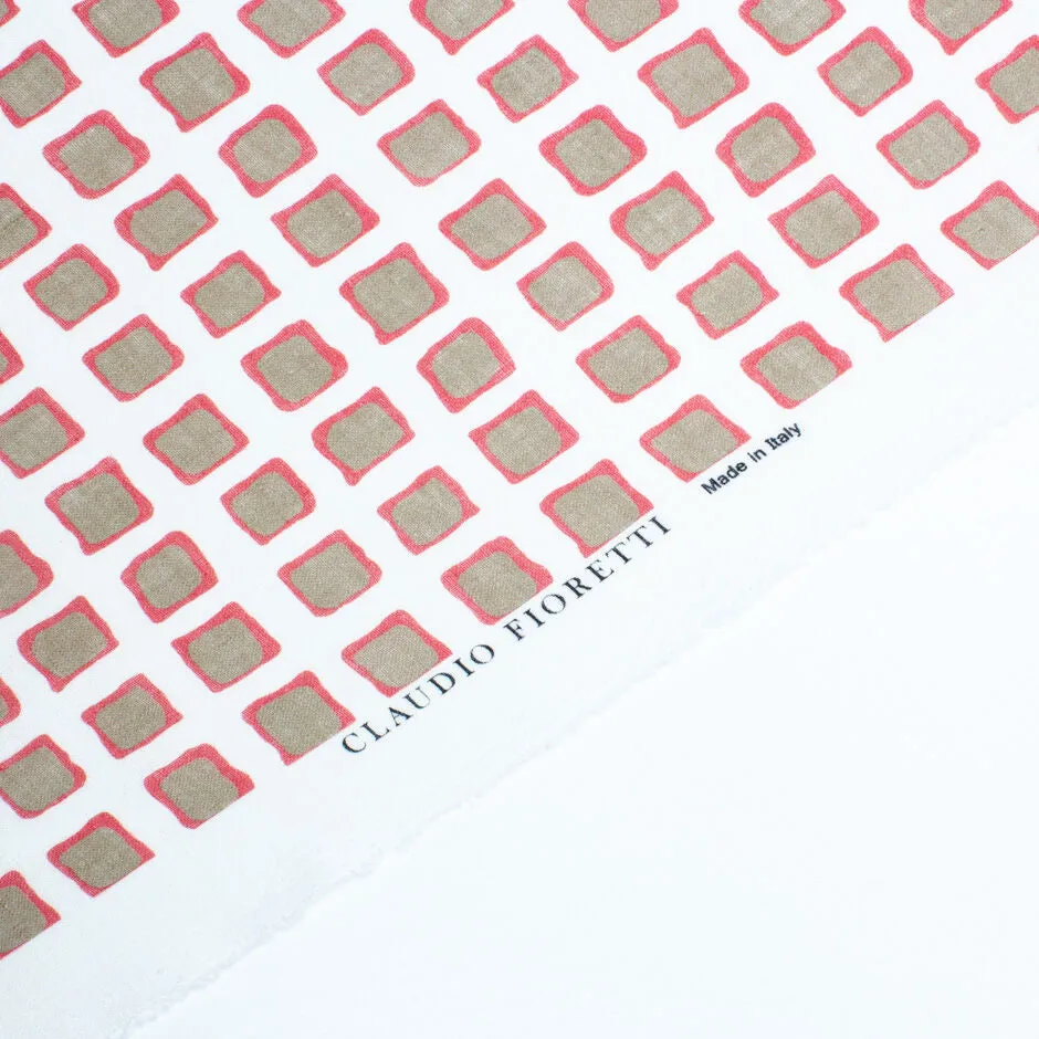 Taupe & Pink Squares Printed White Pure Linen